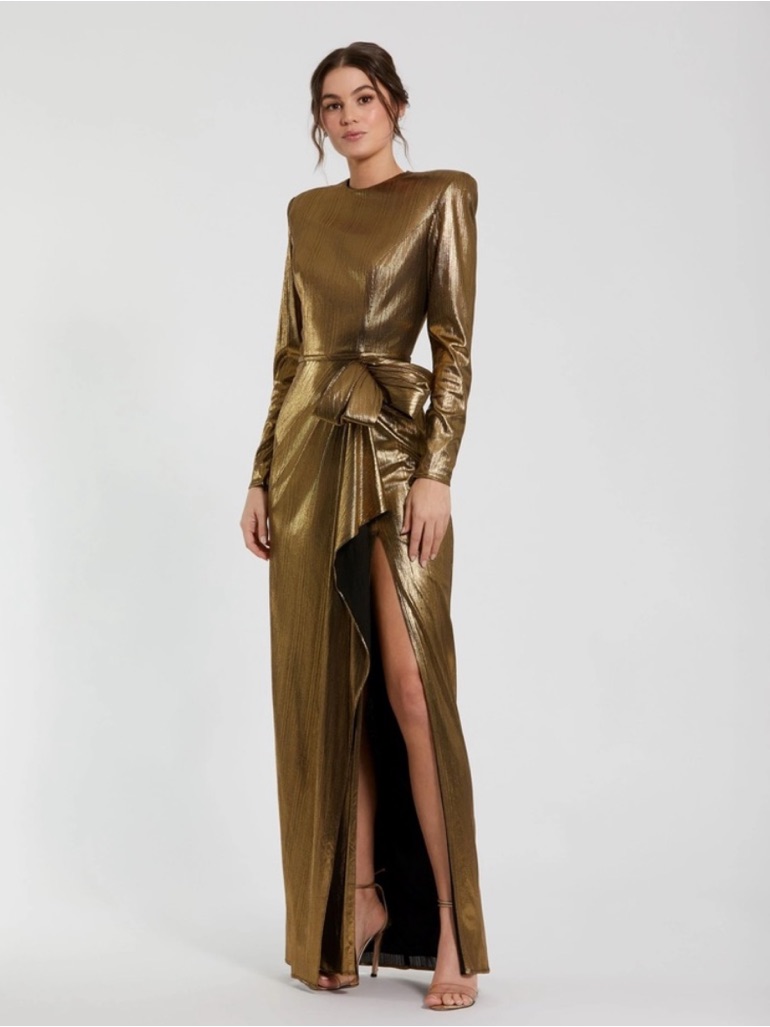 Ieena By Mac Duggal Dress Jersey Metallic Long Sleeve Gown Bow In Gold